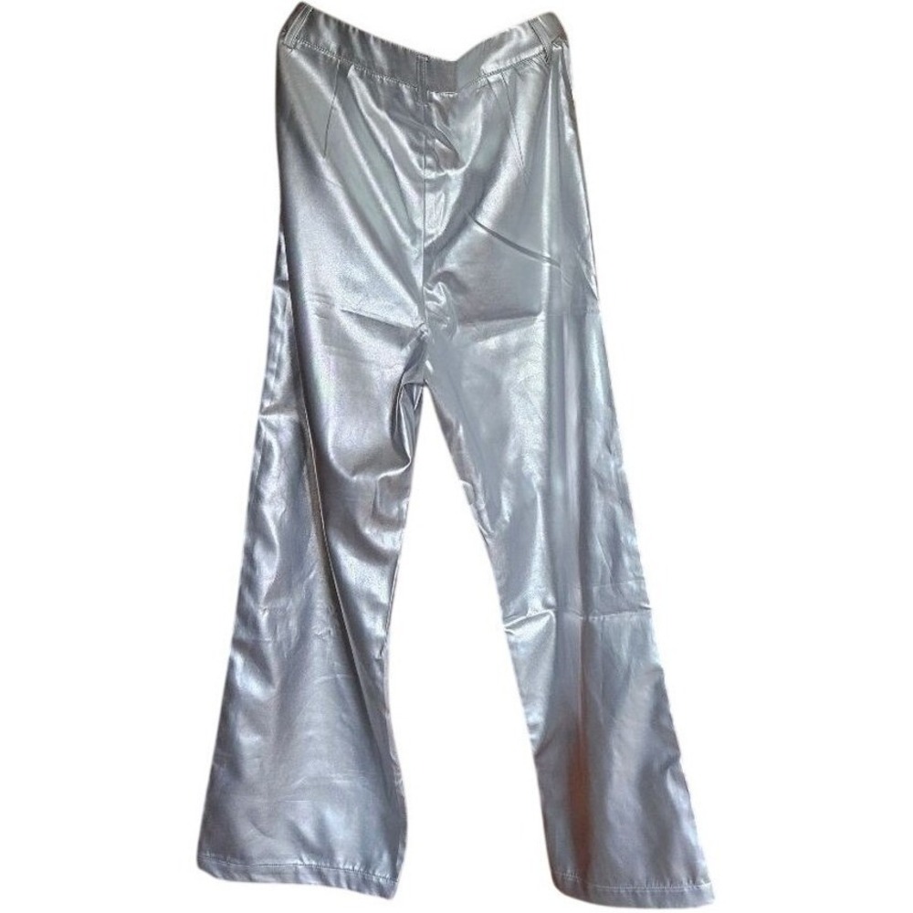 Commense Silver Metallic Wide Leg Pants High Waisted Shiny Party Trousers Small
